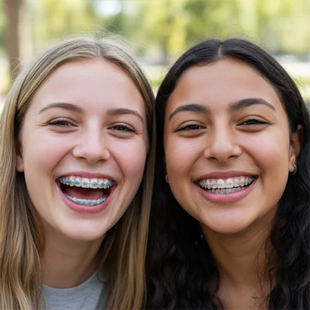 Two teenagers smile broadly, showing off their braces